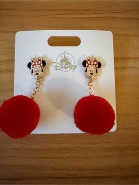 Disney Minnie Mouse Gold-Tone Earrings with Red Pom Poms NWT
